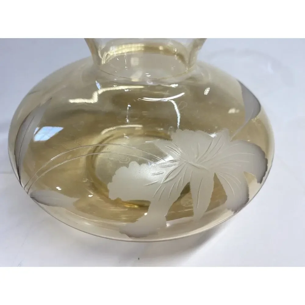 Light Amber Etched Glass Console Vase Ruffled Rim Lilies Yellow 4.75 inch